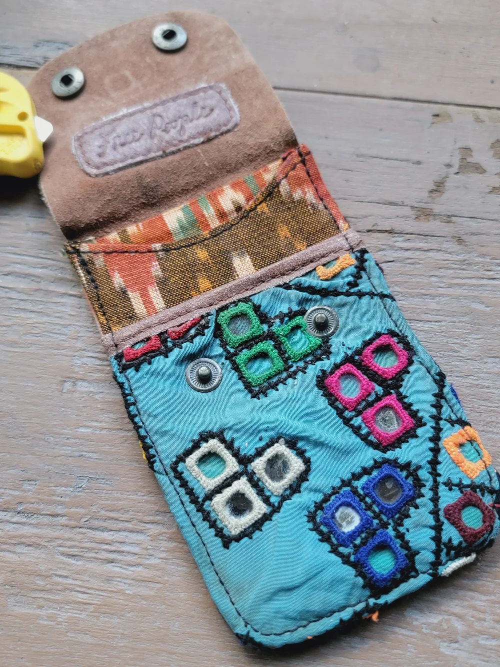Free People embroidered banjara boho repurposed vtg leather wallet card case